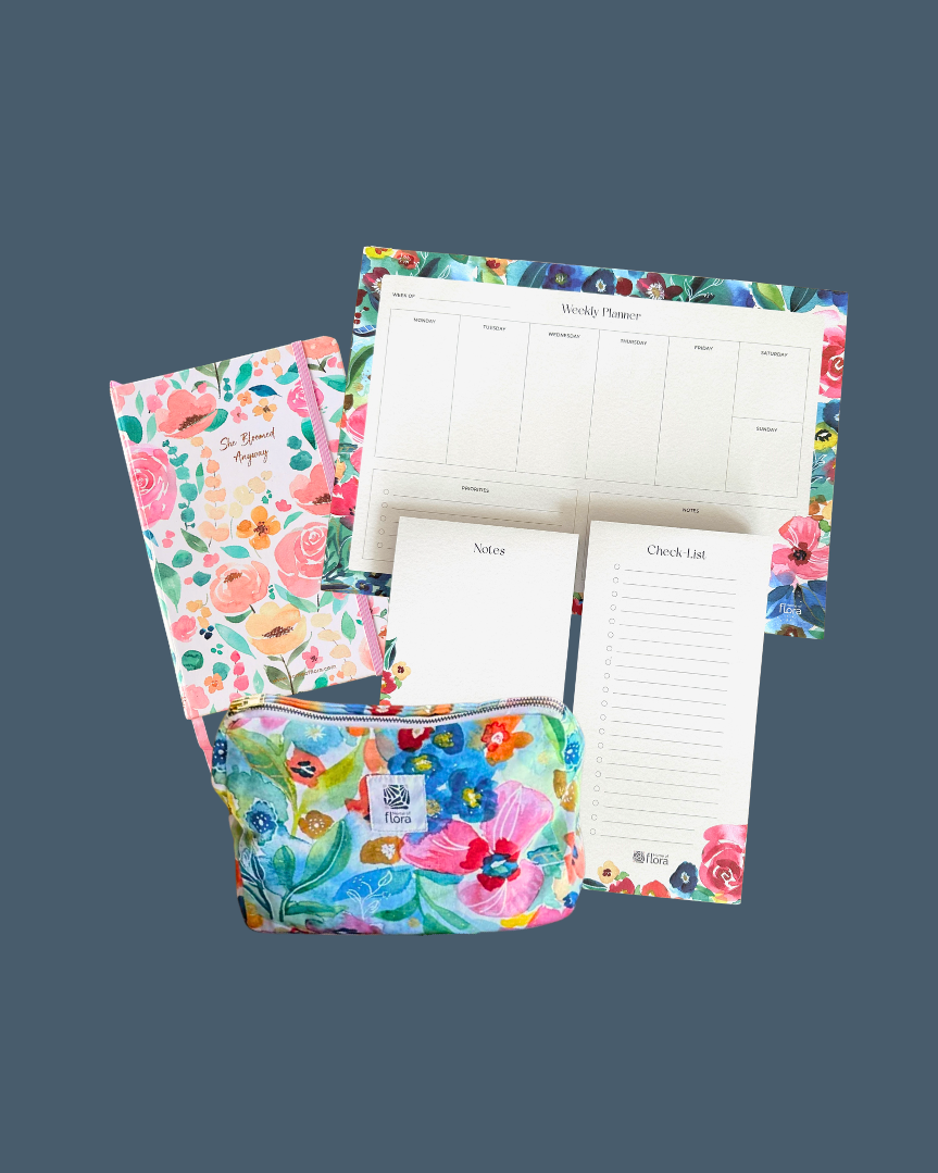 Floral planner with a matching pouch on a dark gray background