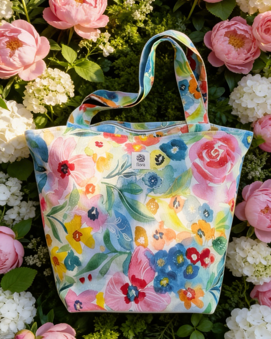 Colorful floral-patterned bag on a background of pink and white flowers