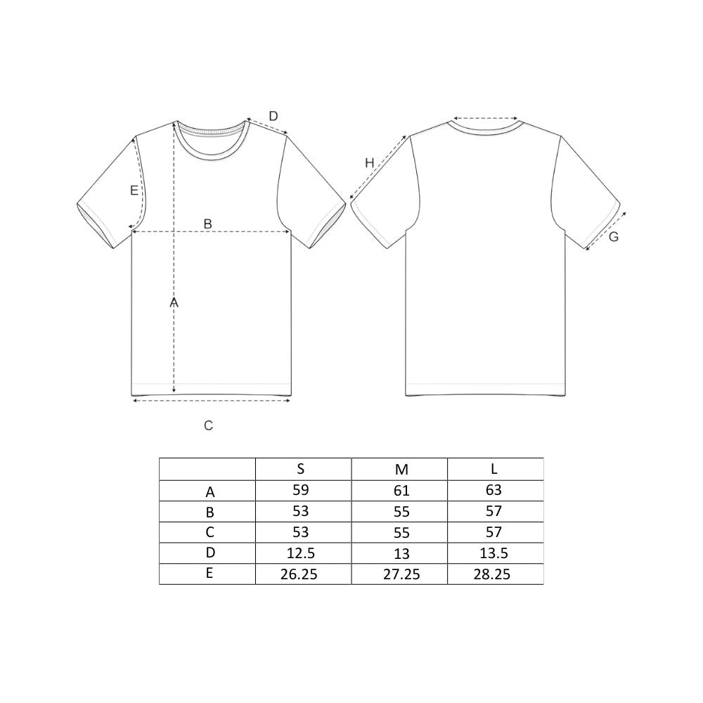 Measurement chart for a t-shirt with dimensions and size guide.
