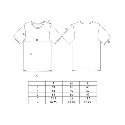 Measurement chart for a t-shirt with dimensions and size guide.
